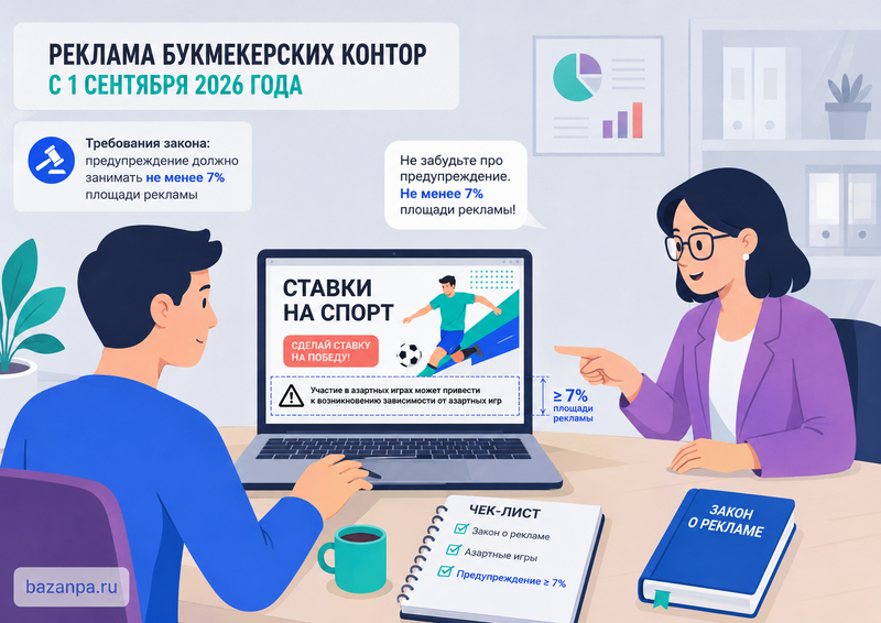 Реклама букмекерских контор и пари с 1 сентября 2026 года предупреждение, размер текста и штрафы