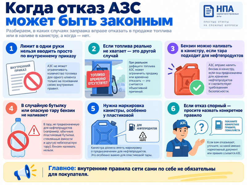 АЗС ограничивает продажу бензина или не наливает его в канистру - что делать
