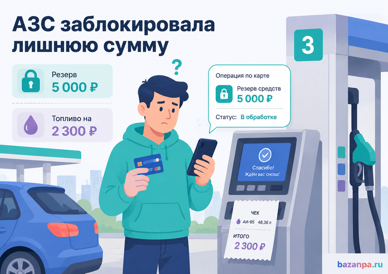 АЗС заблокировала на карте лишнюю сумму или не вернула остаток после заправки