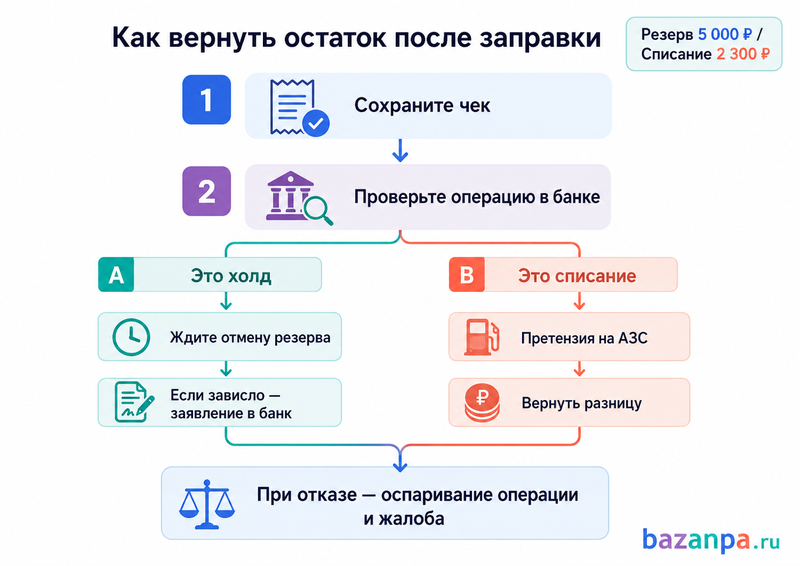 АЗС заблокировала на карте лишнюю сумму или не вернула остаток после заправки