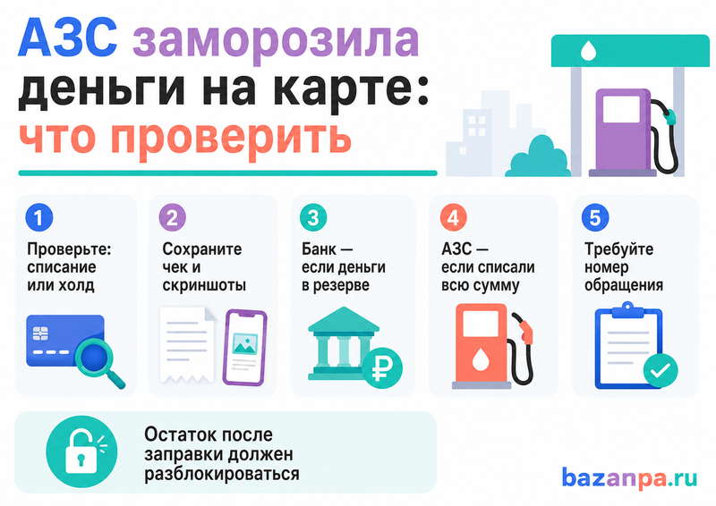АЗС заблокировала на карте лишнюю сумму или не вернула остаток после заправки