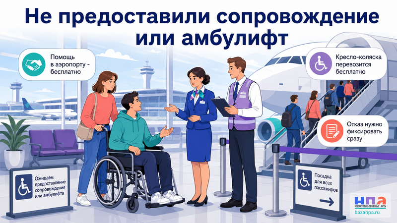 Аэропорт или перевозчик отказал пассажиру с инвалидностью в сопровождении, амбулифте либо перевозке кресла-коляски