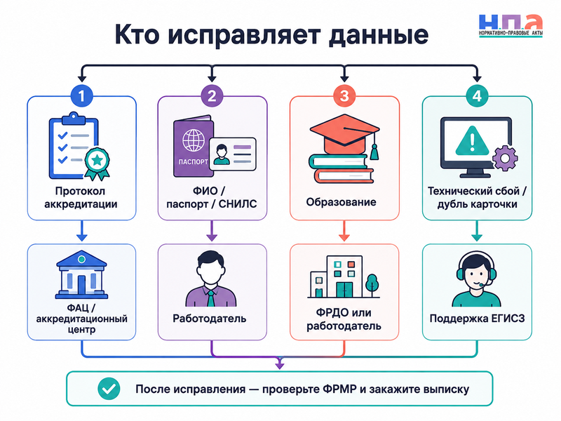 Аккредитация пройдена, но сведений нет в ФРМР или ЕГИСЗ кто исправляет данные