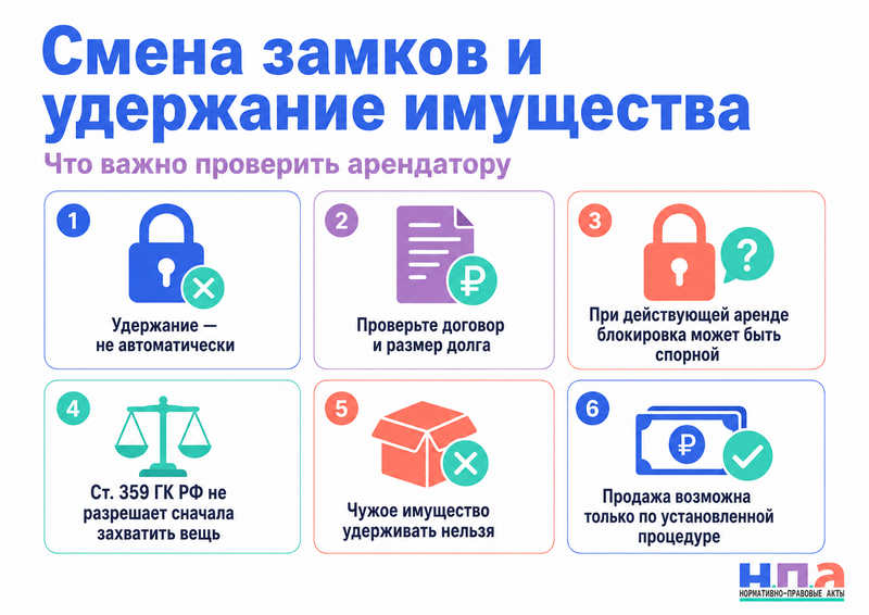 Арендодатель коммерческого помещения сменил замки и удерживает имущество арендатора из-за долга