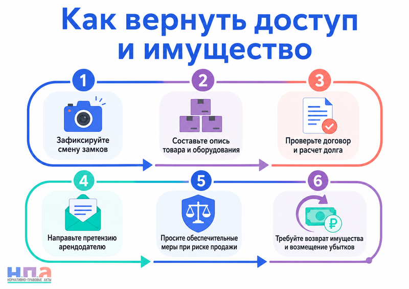 Арендодатель коммерческого помещения сменил замки и удерживает имущество арендатора из-за долга