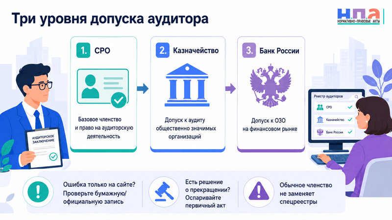 Аудитор или аудиторская организация состоит в СРО, но в реестре указан неправильный статус: как восстановить членство и право на обязательный аудит в 2026 году