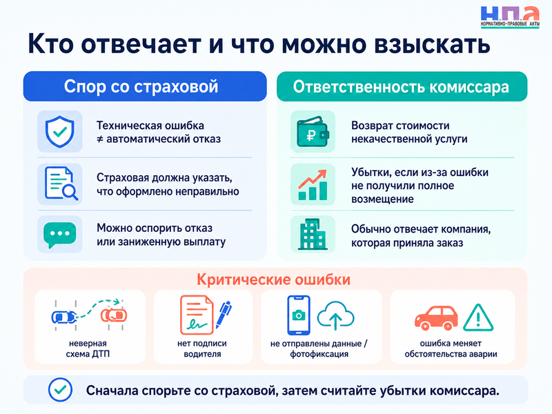 Аварийный комиссар неправильно оформил ДТП: кто отвечает за ошибку и отказ страховой по ОСАГО