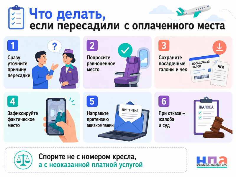 Авиакомпания пересадила пассажира с оплаченного места обязана ли вернуть деньги