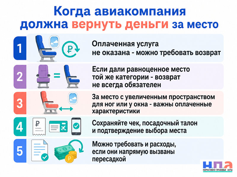 Авиакомпания пересадила пассажира с оплаченного места обязана ли вернуть деньги