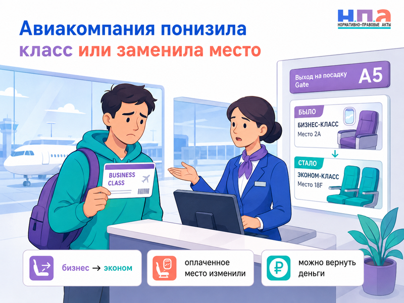 Авиакомпания понизила класс обслуживания или заменила заранее оплаченное место как вернуть деньги