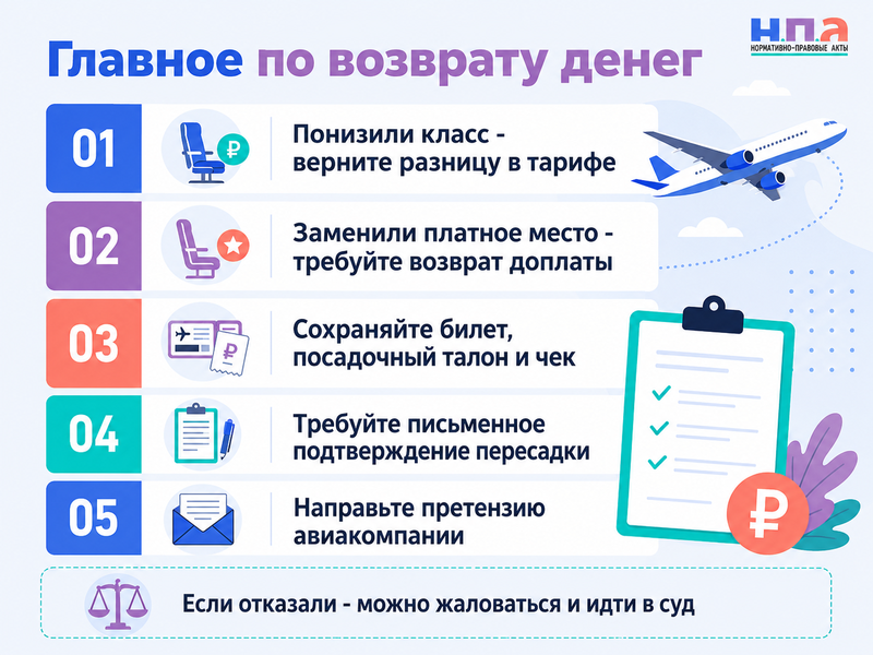 Авиакомпания понизила класс обслуживания или заменила заранее оплаченное место как вернуть деньги