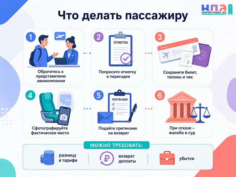 Авиакомпания понизила класс обслуживания или заменила заранее оплаченное место как вернуть деньги