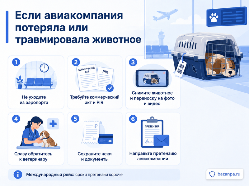 Авиакомпания потеряла, травмировала или неправильно перевозила домашнее животное акт, претензия и возмещение