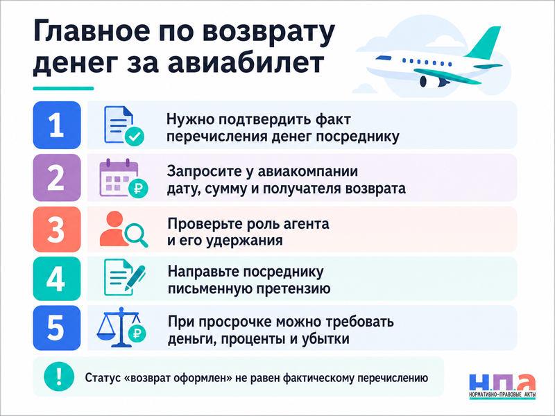 Авиакомпания вернула деньги посреднику, но он не перечисляет их пассажиру: как доказать возврат и взыскать сумму