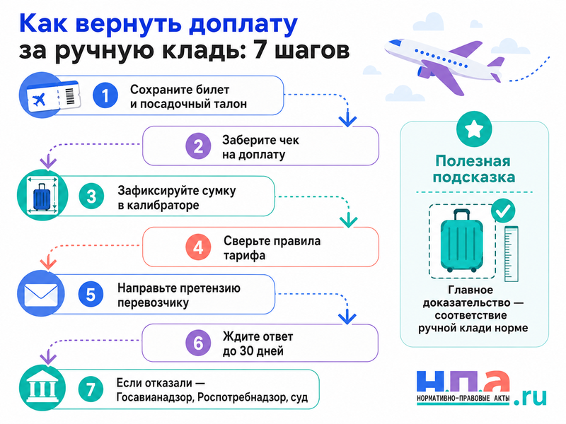 Авиакомпания заставила сдать ручную кладь в платный багаж как вернуть доплату