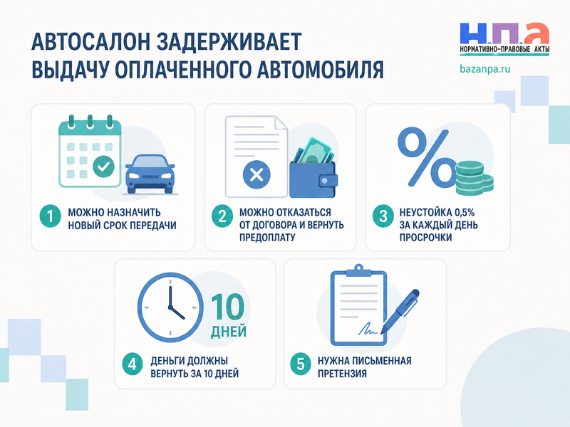 Автосалон задерживает выдачу оплаченного автомобиля неустойка, отказ от договора и возврат денег