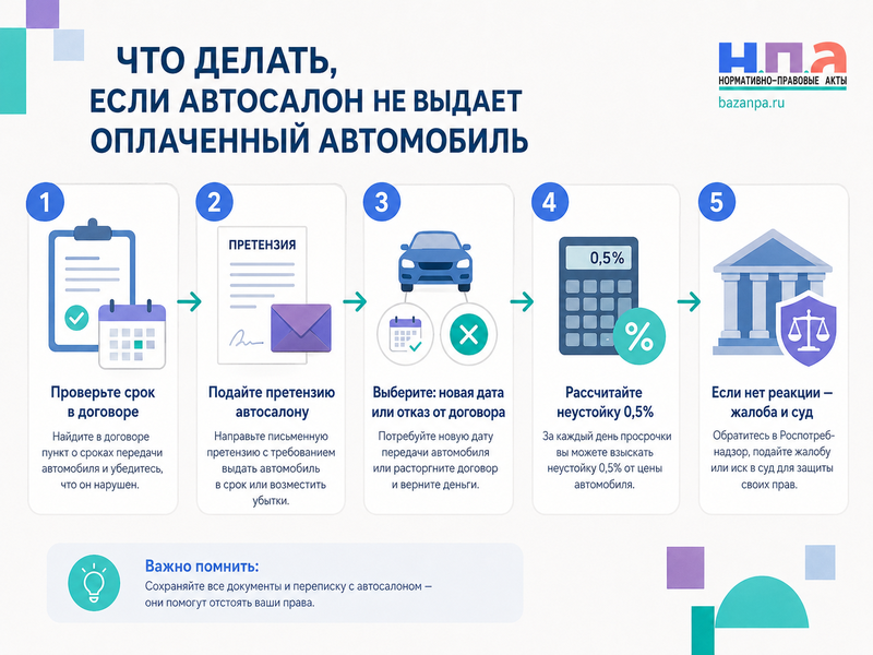Автосалон задерживает выдачу оплаченного автомобиля неустойка, отказ от договора и возврат денег