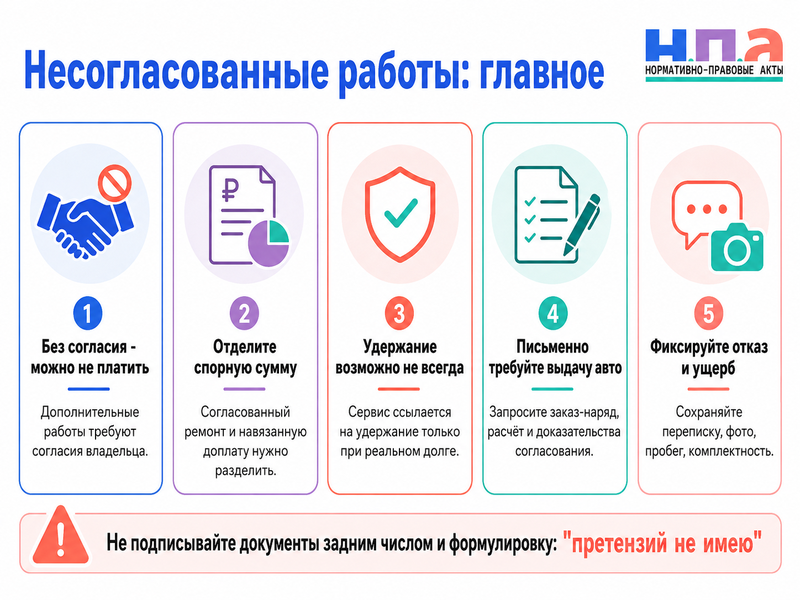 Автосервис без согласования выполнил дополнительные работы и не отдаёт автомобиль обязан ли владелец платить