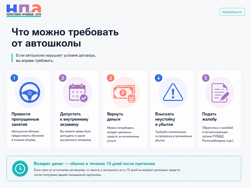Автошкола не провела занятия или не допустила к экзамену возврат оплаты и жалоба