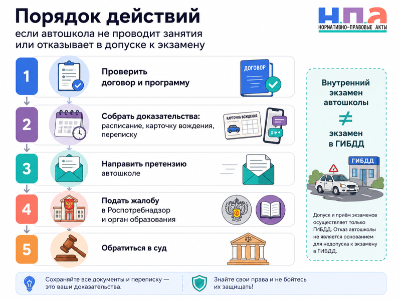Автошкола не провела занятия или не допустила к экзамену возврат оплаты и жалоба