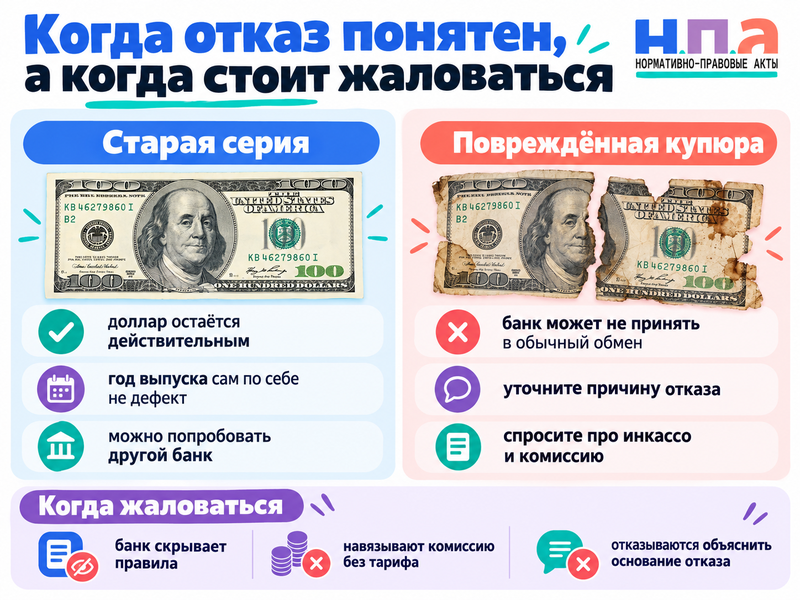 Банк не принимает доллары старого образца - законен ли отказ