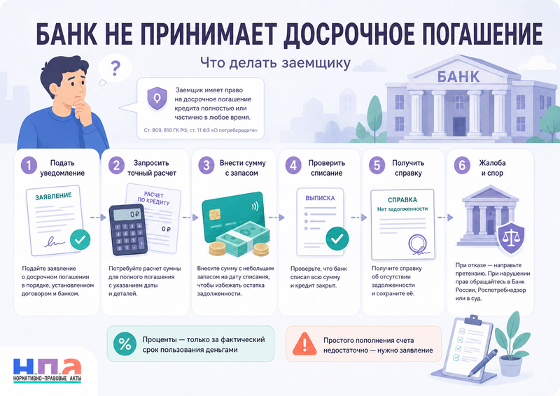Банк не принимает досрочное погашение кредита или продолжает начислять проценты