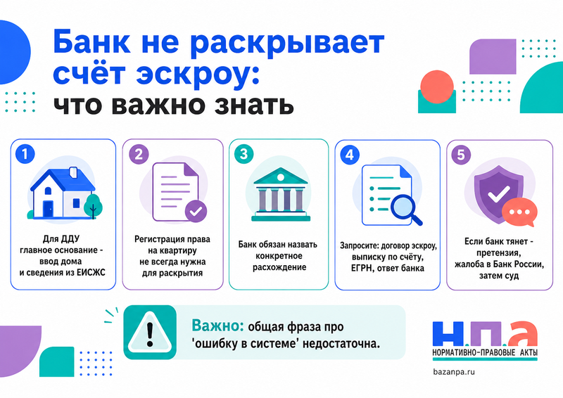 Банк не раскрывает или не закрывает счёт эскроу из-за расхождений в данных застройщика и Росреестра