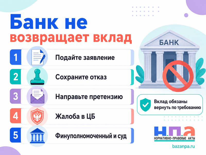 Банк не возвращает вклад или задерживает выдачу денег претензия, жалоба в ЦБ и обращение в суд