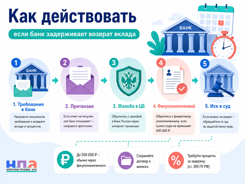 Банк не возвращает вклад или задерживает выдачу денег претензия, жалоба в ЦБ и обращение в суд