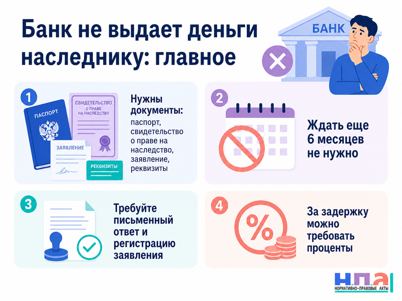 Банк не выдаёт наследнику деньги со счёта умершего после получения свидетельства о наследстве
