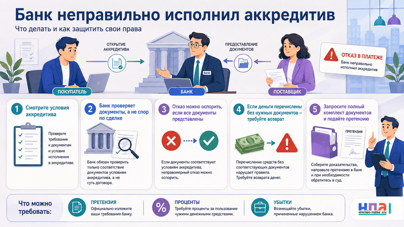 Банк неправильно исполнил аккредитив, отказал в выплате или перечислил деньги без предусмотренных договором документов