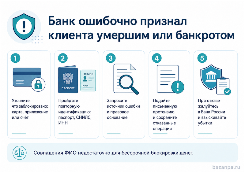 Банк ошибочно признал клиента умершим, банкротом или недействующим и заблокировал счета