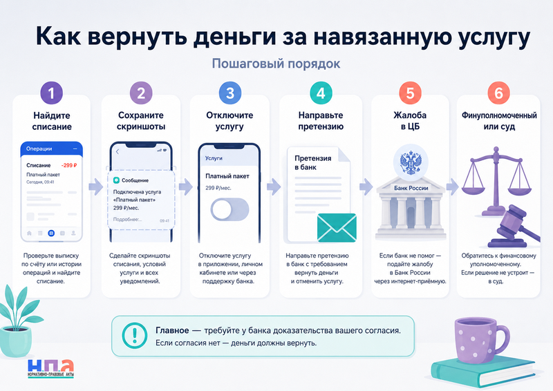 Банк подключил платный пакет услуг, СМС или подписку без согласия как вернуть деньги
