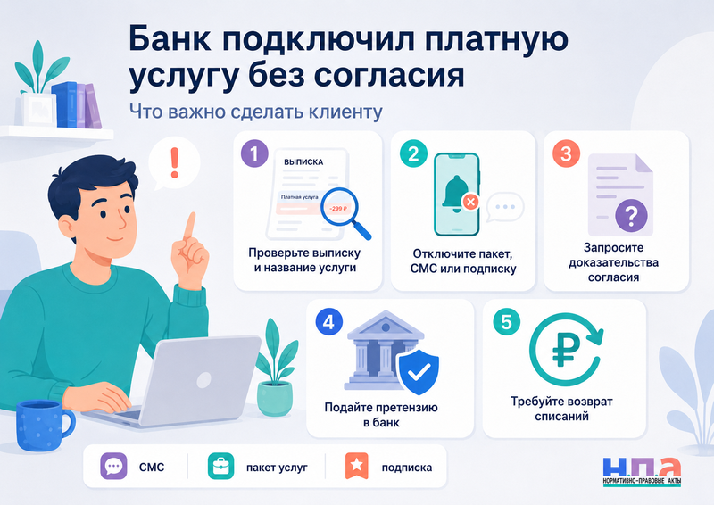 Банк подключил платный пакет услуг, СМС или подписку без согласия как вернуть деньги