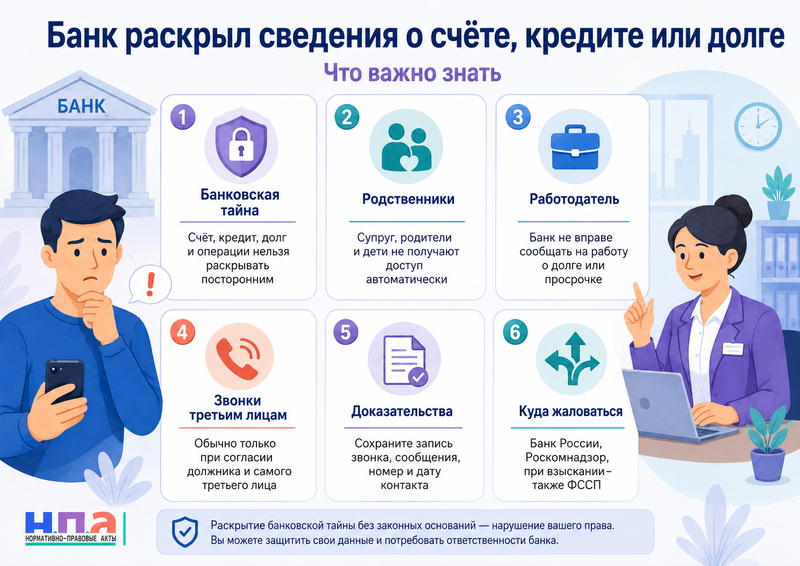 Банк сообщил родственникам, работодателю или постороннему сведения о счёте, кредите либо задолженности