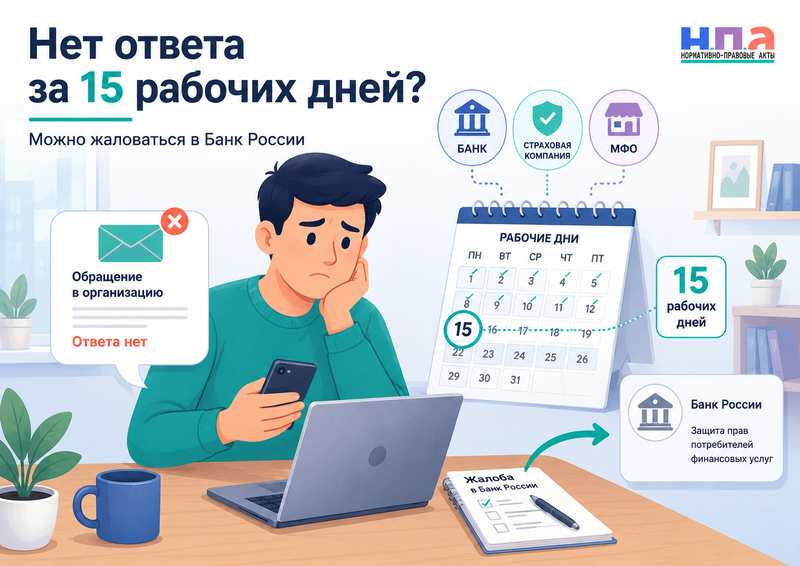 Банк, страховщик или МФО не ответили на обращение за 15 рабочих дней в 2026 году