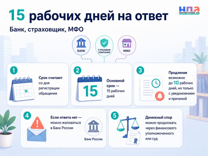 Банк, страховщик или МФО не ответили на обращение за 15 рабочих дней в 2026 году
