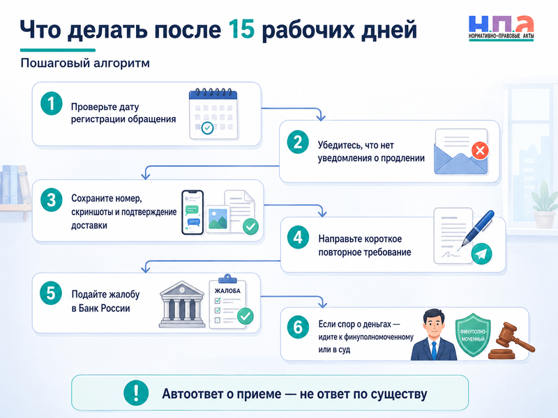 Банк, страховщик или МФО не ответили на обращение за 15 рабочих дней в 2026 году