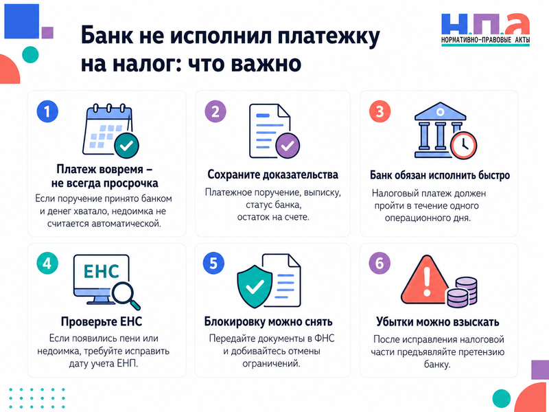 Банк вовремя получил платежное поручение на уплату налогов, но не исполнил его кто отвечает за пени и блокировку счета