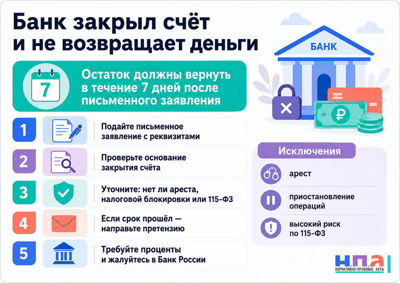 Банк закрыл счёт, но не возвращает остаток денег