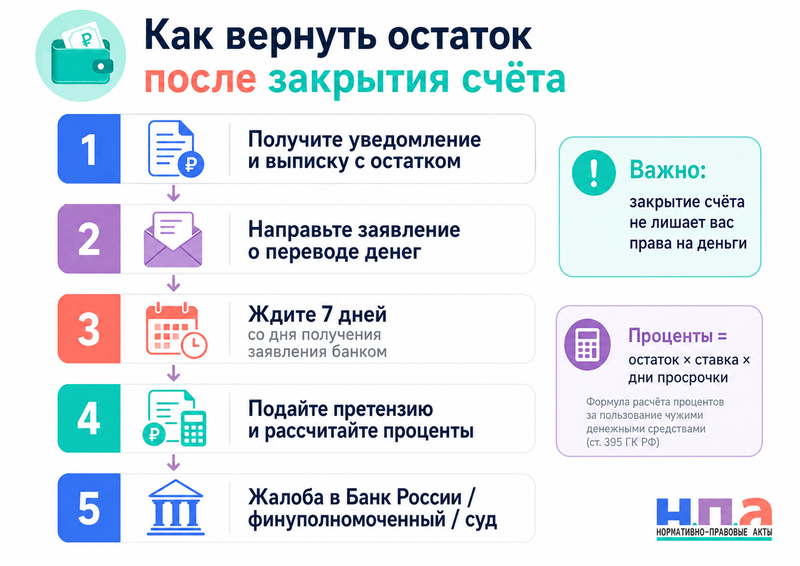 Банк закрыл счёт, но не возвращает остаток денег