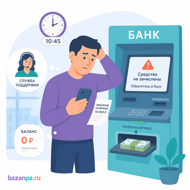 Банкомат принял наличные, но не зачислил их на счёт доказательства, заявление и срок возврата денег