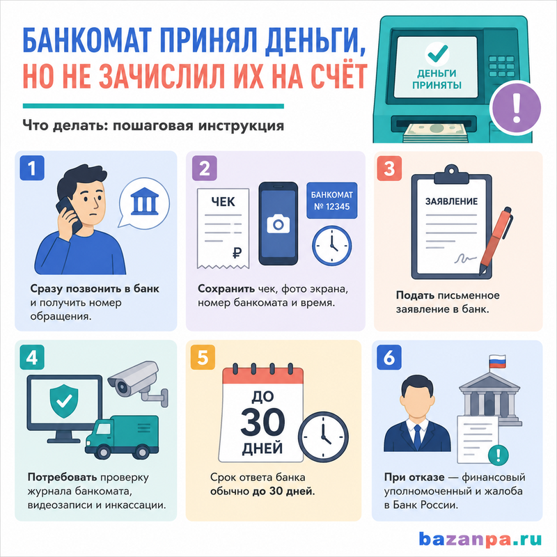 Банкомат принял наличные, но не зачислил их на счёт доказательства, заявление и срок возврата денег
