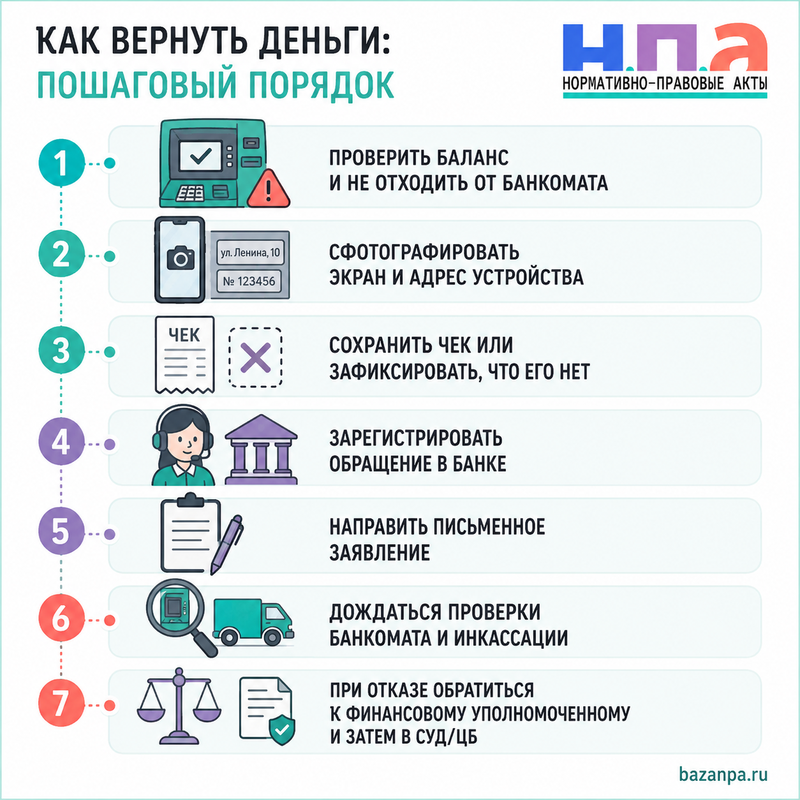 Банкомат принял наличные, но не зачислил их на счёт доказательства, заявление и срок возврата денег