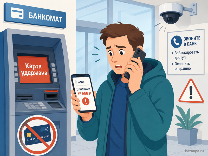 Банкомат удержал карту, после чего со счета списали деньги