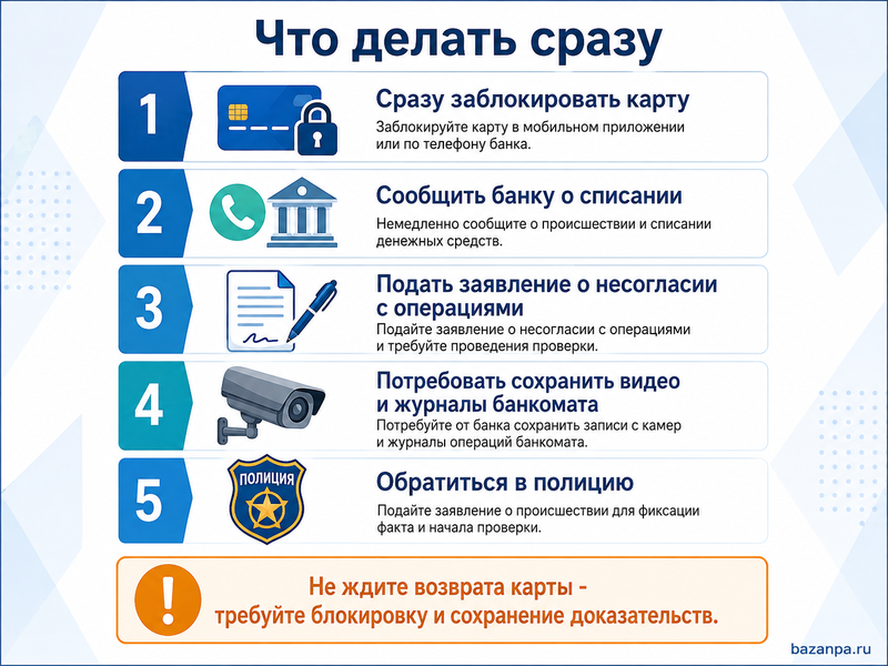 Банкомат удержал карту, после чего со счета списали деньги