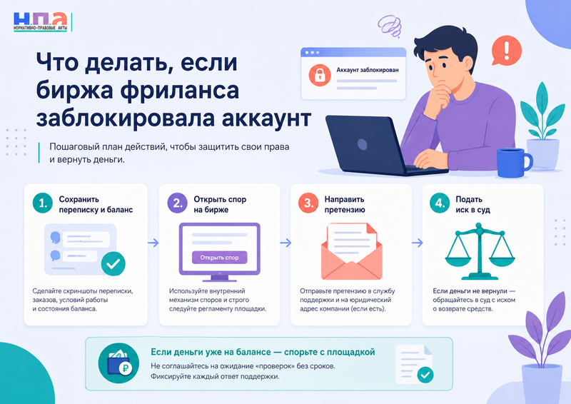 Биржа фриланса заблокировала аккаунт или удерживает деньги: претензия, арбитраж площадки и суд