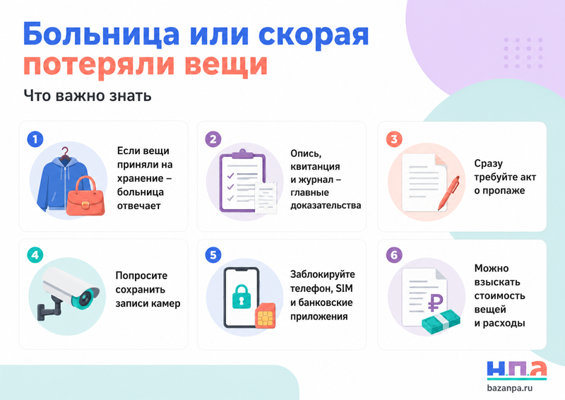 Больница или скорая помощь потеряли одежду, документы, телефон либо другие вещи пациента как подтвердить состав имущества