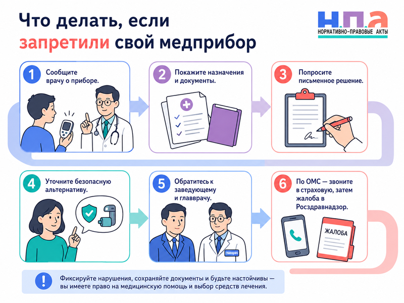 Больница запрещает пациенту пользоваться собственной инсулиновой помпой, CPAP, слуховым устройством или другим необходимым прибором