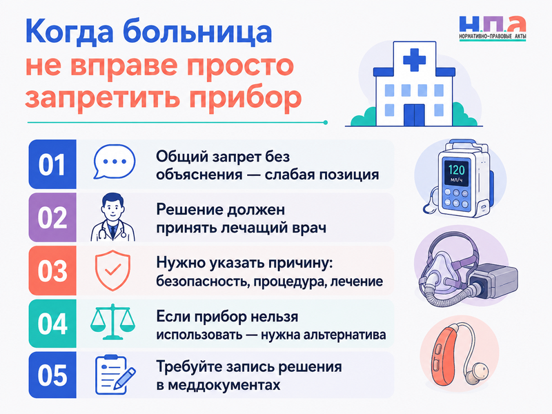Больница запрещает пациенту пользоваться собственной инсулиновой помпой, CPAP, слуховым устройством или другим необходимым прибором